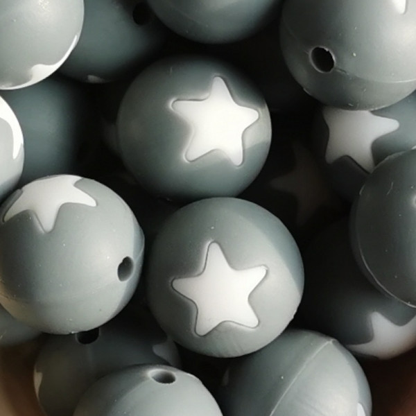 SILIKONPERLE "STERN GRAU-WEISS" 15MM