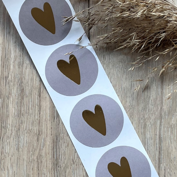 10x HERZ AUFKLEBER RUND IN GRAU / GOLD