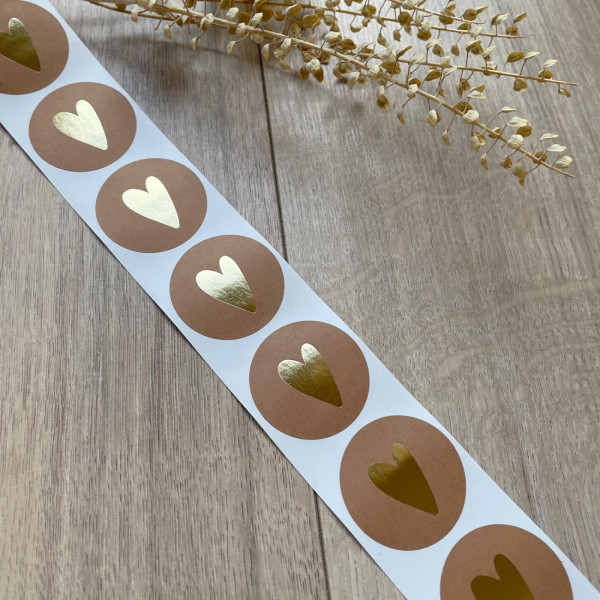 10X HERZ AUFKLEBER RUND BRAUN / GOLD